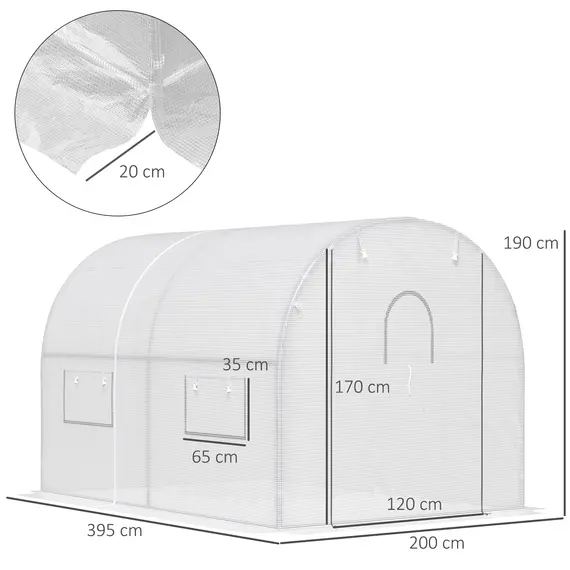 Buy Outsunny Walk-in Polytunnel Lage Greenhouse with 2 Roll-Up Zipper Doors and 6 Roll-Up Windows , for Seedlings, Herbs, or Flowers, 4x2x1.9m, White, 2 image