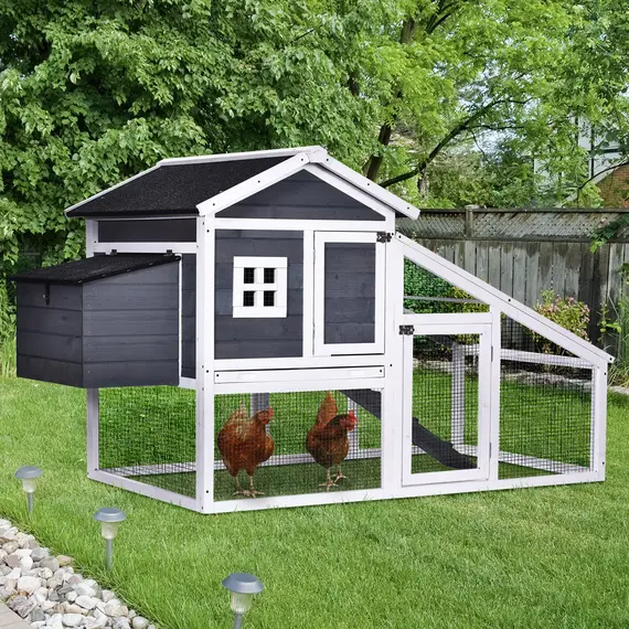Buy PawHut Wooden Chicken Coop Backyard Hen Cage House Poultry with Comfortable Nesting Box Run Ramp Sliding Tray 175.4 x 95.5 x 100cm Grey