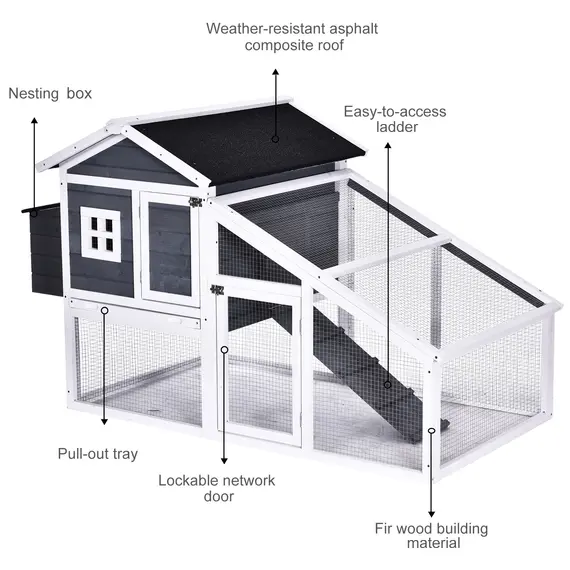 Buy PawHut Wooden Chicken Coop Backyard Hen Cage House Poultry with Comfortable Nesting Box Run Ramp Sliding Tray 175.4 x 95.5 x 100cm Grey, 4 image
