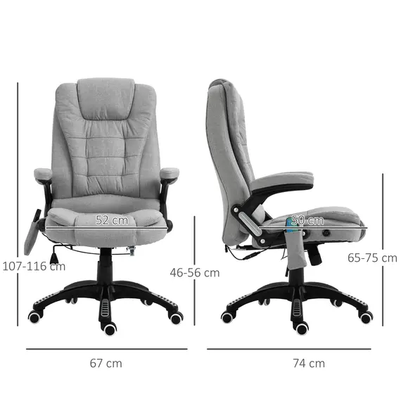 Buy Vinsetto Ergonomic Office Chair Massage Recliner Gaming Heated Home Office Padded  Linen-Feel Fabric & Swivel Base Light Grey, 2 image