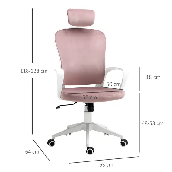 Buy Vinsetto High-Back Office Chair Velvet Style Fabric Computer Home Rocking with Wheels, Rotatable Liftable Headrest, Pink, 2 image