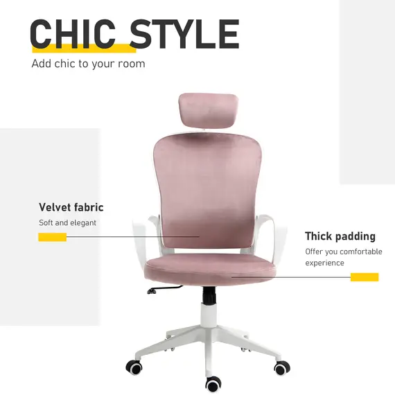 Buy Vinsetto High-Back Office Chair Velvet Style Fabric Computer Home Rocking with Wheels, Rotatable Liftable Headrest, Pink, 3 image