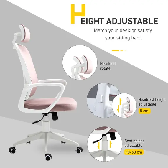 Buy Vinsetto High-Back Office Chair Velvet Style Fabric Computer Home Rocking with Wheels, Rotatable Liftable Headrest, Pink, 5 image