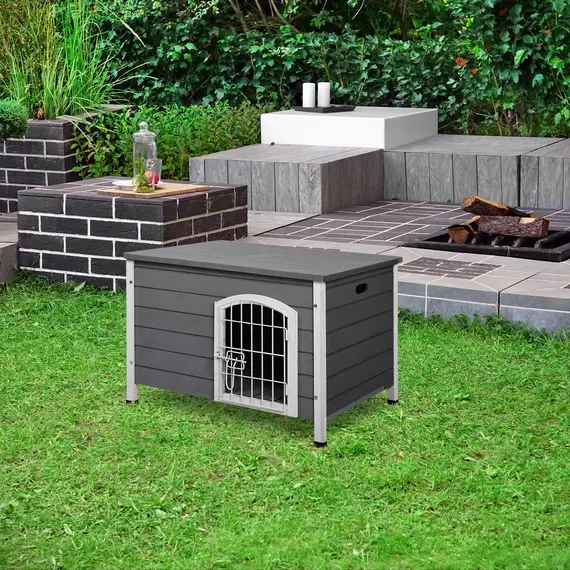 Buy Wooden Dog Crate Dog Kennel Lockable Door Small Animal House w/ Openable Top Gray, 7 image