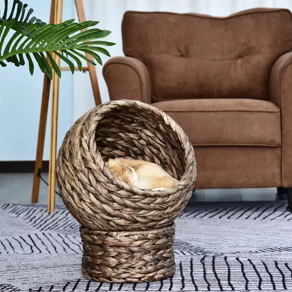 Buy Woven Banana Leaf Elevated Cat Bed House Basket Soft Cushion Dome Basket 42x33x52 cm Dark Brown (base) & Beige (cushion)