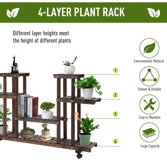 Buy 4-Tier Floor-standing Flower Rack Wood Plant Stand For Indoor & Outdoor Garden Balcony w/ Wheels & Handle 123.5L x 33W x 80H cm, 8 Pots, 3 image