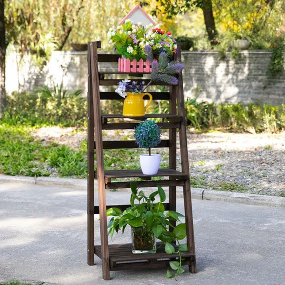 Buy Outsunny 4-Tier Wooden Plant Shelf Foldable Plant Pots Holder Stand Indoor Outdoor 45L x 35W x 108H cm, 8 image