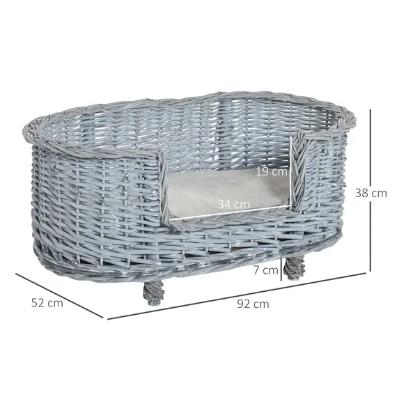 Buy PawHut Wicker Dog Bed Basket Pet Sofa Cat Lounge Furniture with Elevated Base Soft Padded Cushion Grey 92cm X 52cm X 38cm, 2 image