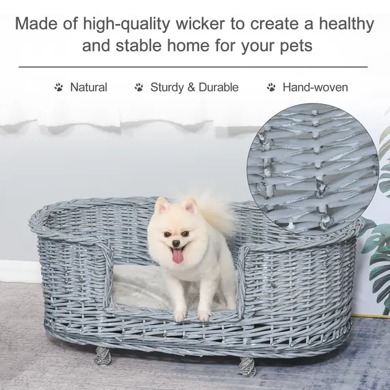 Buy PawHut Wicker Dog Bed Basket Pet Sofa Cat Lounge Furniture with Elevated Base Soft Padded Cushion Grey 92cm X 52cm X 38cm, 3 image