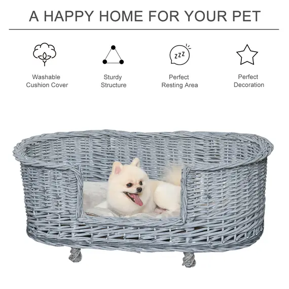 Buy PawHut Wicker Dog Bed Basket Pet Sofa Cat Lounge Furniture with Elevated Base Soft Padded Cushion Grey 92cm X 52cm X 38cm, 6 image