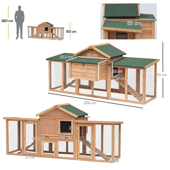 Buy PawHut Wooden Chicken Coop Backyard Hen Cage House Poultry with Comfortable Nesting Box & Fun Outdoor Run 204 x 85 x 93cm, 2 image