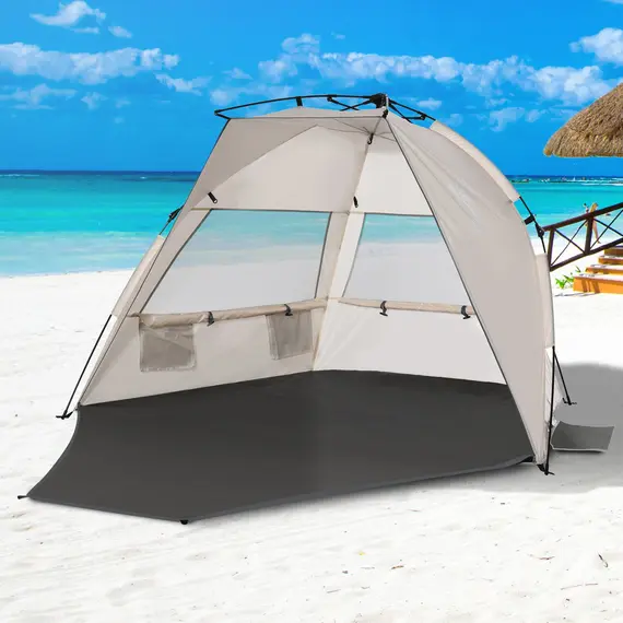 Buy 1-2 Man Pop-Up Beach Tent, Sun Shelter UV 20+ Protection w/ Long Floor Mesh Windows Sandbags Carry Bag Summer Hut House