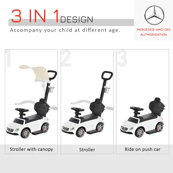 Buy 3 in 1 Ride On Push Along Car Mercedes Benz for Toddlers Stroller Sliding Walking Car with Horn Sound Safety Bar for 1-3 Years, 3 image