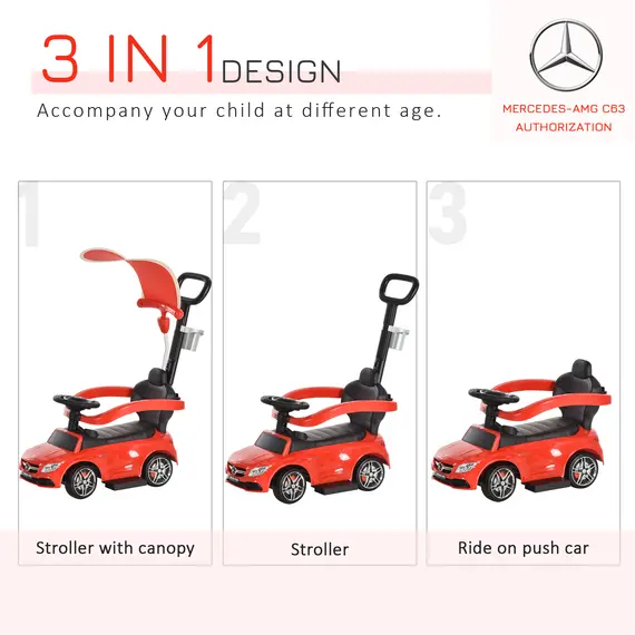 Buy 3 in 1 Ride On Push Along Car Mercedes Benz for Toddlers Stroller Sliding Walking Car with Sun Canopy Horn Safety Bar Cup Holder Ride on Toy, 3 image