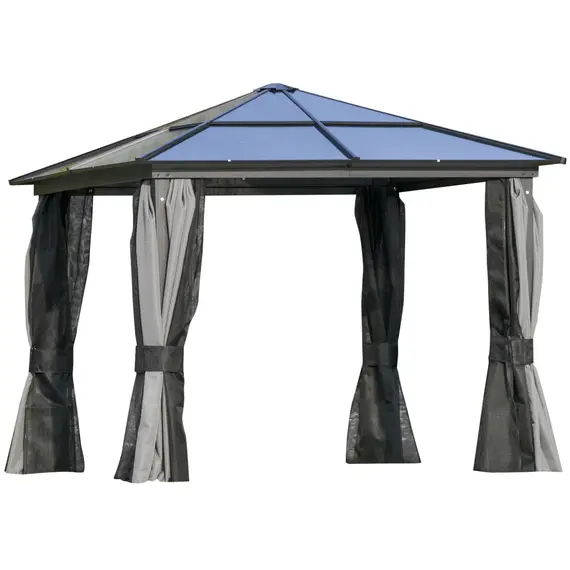 Buy 3 x 3(m) Hardtop Gazebo Canopy with Polycarbonate Roof, Aluminium Frame, Permanent Pavilion Garden Gazebo with Netting and Curtains for Patio, Deck, Dark Grey