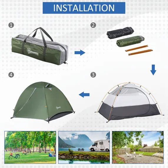 Buy Camping Tent for 2 Person Waterproof Double Layer Tent with 2 Doors 4 Mesh Windows Storage Bag Portable Carry Bag Dark Green, 3 image