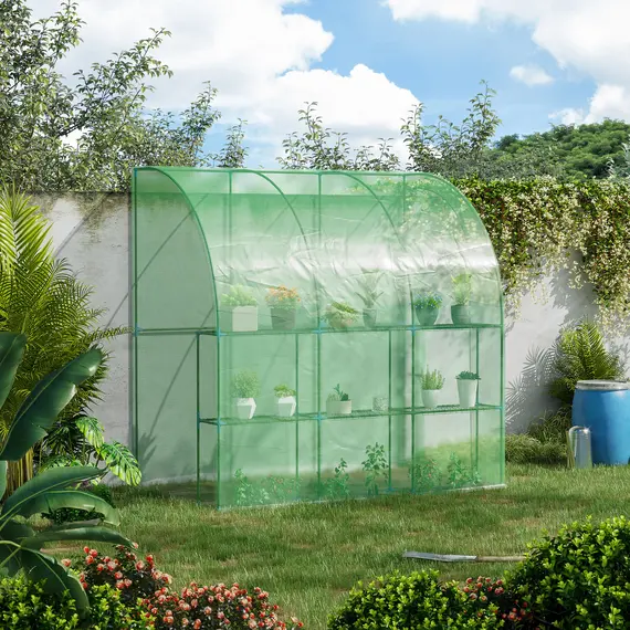 Buy Outdoor Walk-In Lean to Wall Tunnel Greenhouse with Zippered Roll Up Door PE Cover Green 214L x 120W x 215Hcm