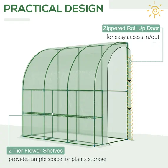 Buy Outdoor Walk-In Lean to Wall Tunnel Greenhouse with Zippered Roll Up Door PE Cover Green 214L x 120W x 215Hcm, 5 image