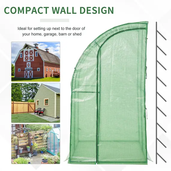 Buy Outdoor Walk-In Lean to Wall Tunnel Greenhouse with Zippered Roll Up Door PE Cover Green 143L x 118W x 212Hcm, 6 image