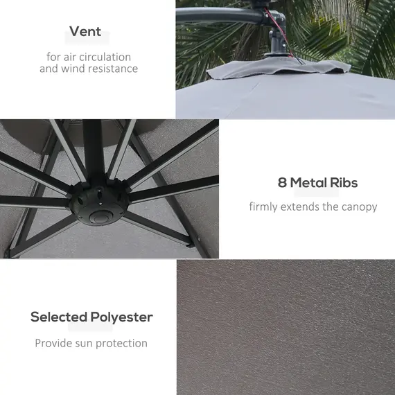 Buy Outsunny 3(m) LED Banana Parasol Garden Cantilever Umbrella with Solar Lights, Crank Handle and Cross Base, Hanging Sun Shade, Grey, 3 image
