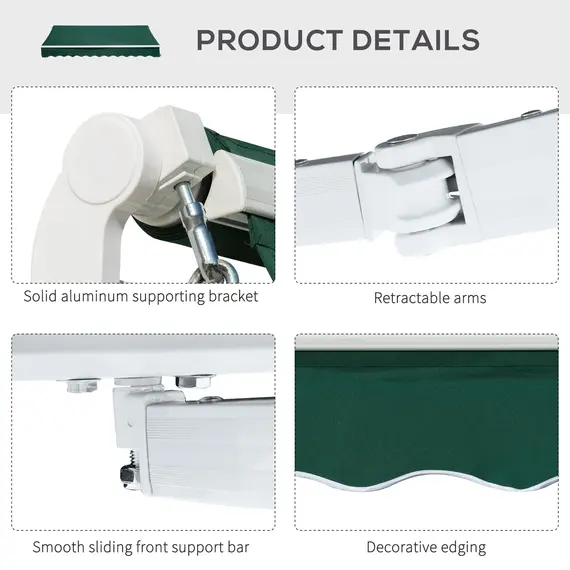 Buy Outsunny 4x2.5m Garden Patio Manual Awning Canopy Sun Shade Shelter Retractable Manual Awning with Fittings and Crank Handle Green, 6 image