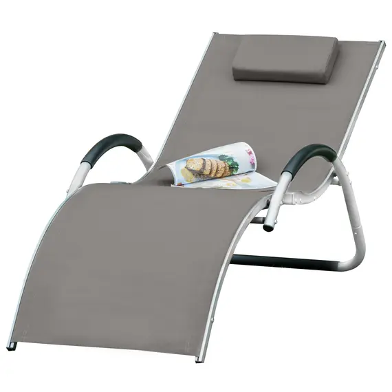 Buy Outsunny Ergonomic Lounger Chair Portable Armchair with Removable Headrest Pillow for Garden Patio Outside All Aluminium Frame Khaki, 7 image