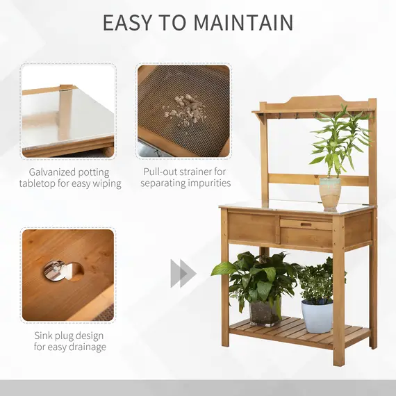 Buy Outsunny Wooden Spacious Garden Potting Table with Large Storage Space Galvanized Metal Workstation Sink Shelves 80L x 42W x 142H cm, 5 image