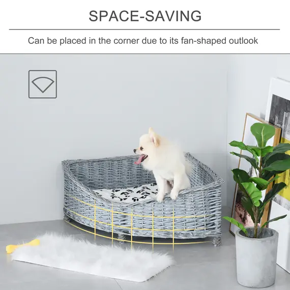 Buy Wicker Dog Corner Basket Pet Bed Sofa Couch with Soft Plush Cushion Elevated Base Grey, 4 image