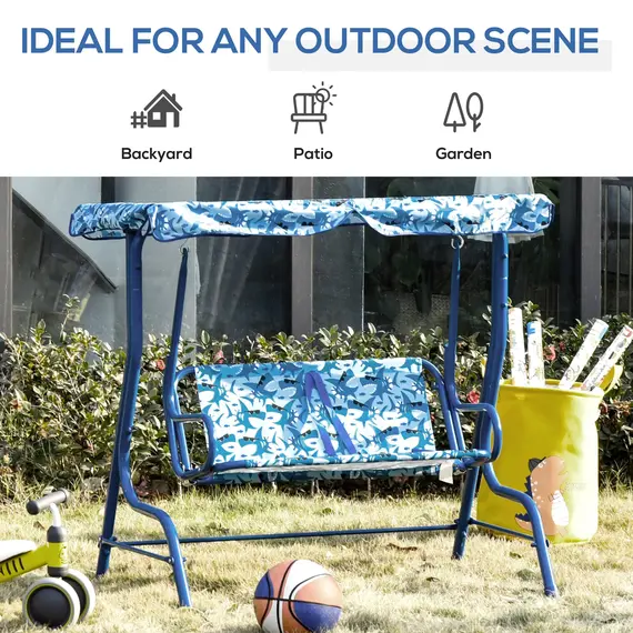Buy 2-Seat Kids Canopy Swing Chair Toddler Outdoor Glider Hammock Lounge with Shade Awning Seat Belt for Porch Backyard Shark Pattern, 3 image