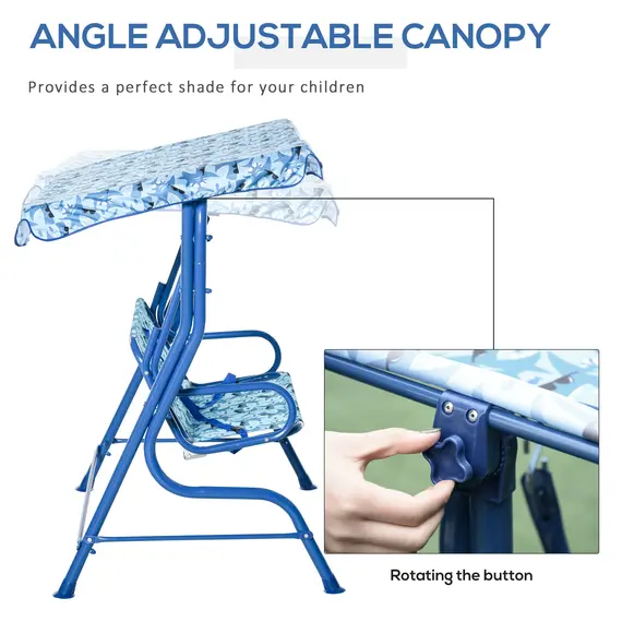 Buy 2-Seat Kids Canopy Swing Chair Toddler Outdoor Glider Hammock Lounge with Shade Awning Seat Belt for Porch Backyard Shark Pattern, 5 image