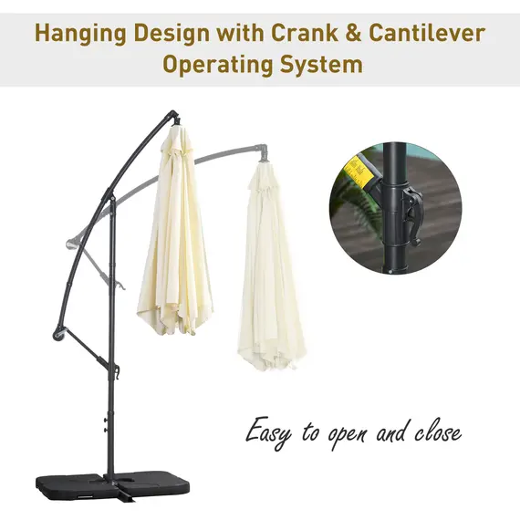 Buy 3 m Garden Banana Parasol Cantilever Umbrella with Crank Handle, Cross Base, Weights and Cover for Outdoor, Hanging Sun Shade, Beige, 5 image