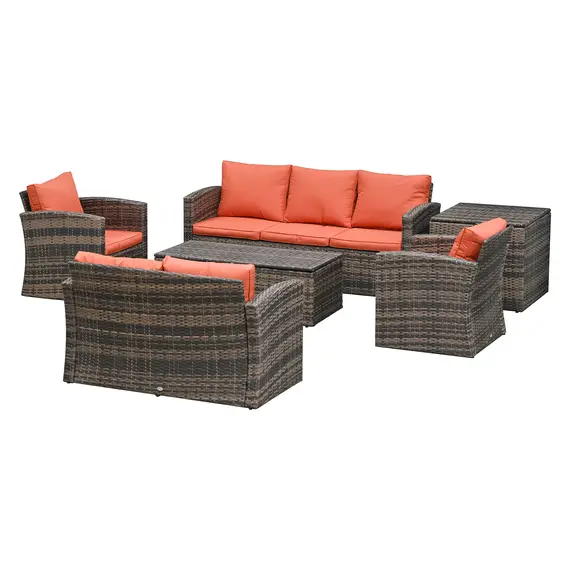 Buy 6 Pieces Rattan Garden Furniture Set, 7 Seater Wicker Outdoor Furniture Set with Storage Tea Table & Side Table, Sectional Garden Sofa Set with Cushions, Orange