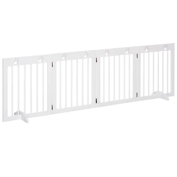 Buy Freestanding Pet Gate 4 Panel Wooden Dog Barrier Folding Safety Fence with Support Feet up to 204cm Long 61cm Tall for Doorway Stairs White