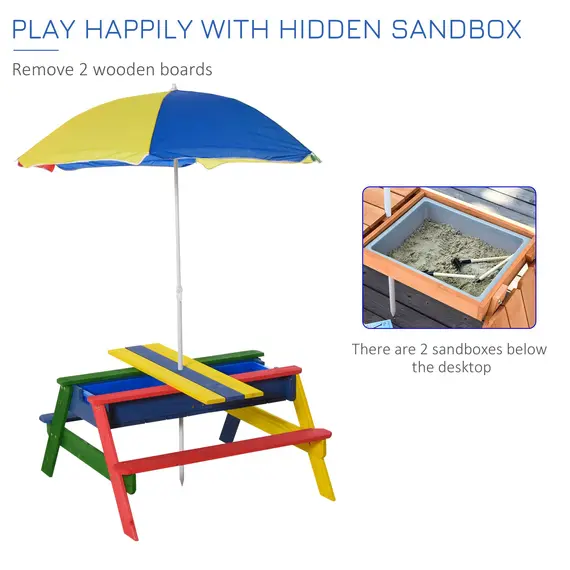 Buy Kids Picnic Table Set Wooden Bench Rainbow with Sandbox Removable & Height Adjustable Parasol Outdoor Garden Patio Backyard Beach, 5 image