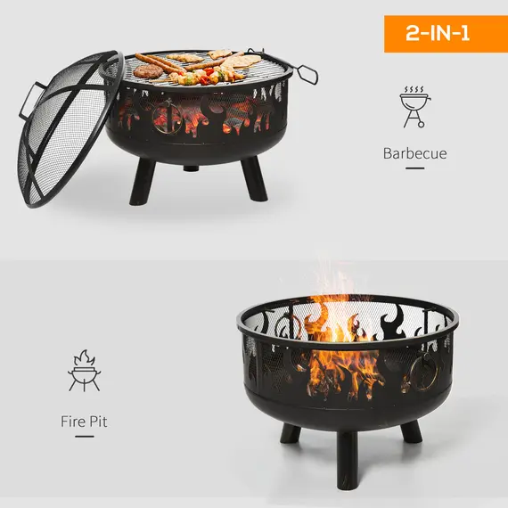 Buy Outsunny 2-in-1 Outdoor Fire Pit with Cooking Grate Steel BBQ Grill Bowl Heater with Spark Screen Cover, Fire Poker for Backyard Bonfire Patio, 3 image