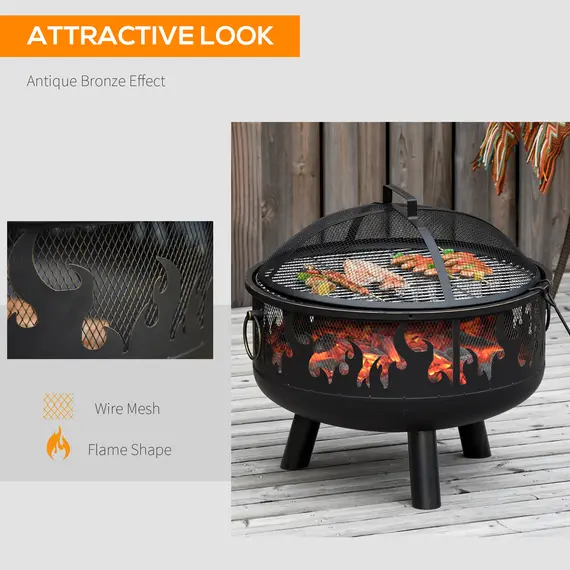 Buy Outsunny 2-in-1 Outdoor Fire Pit with Cooking Grate Steel BBQ Grill Bowl Heater with Spark Screen Cover, Fire Poker for Backyard Bonfire Patio, 6 image