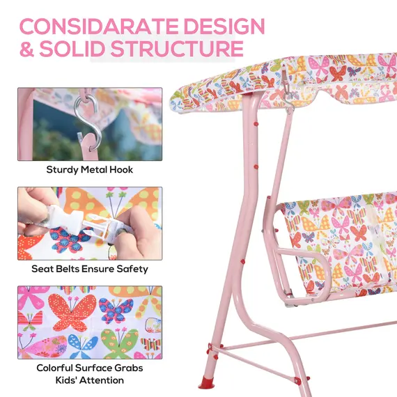 Buy Outsunny 2-Seat Kids Canopy Garden Swing Chair Hammock Lounge Toddler Seat Belt Awning Pink, 7 image