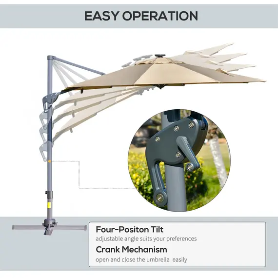 Buy Outsunny 3m Cantilever Roma Parasol Adjustable Garden Sun Umbrella with LED Solar Light Cross Base Rotating Outdoor- Khaki, 4 image