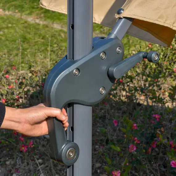 Buy Outsunny 3m Cantilever Roma Parasol Adjustable Garden Sun Umbrella with LED Solar Light Cross Base Rotating Outdoor- Khaki, 8 image