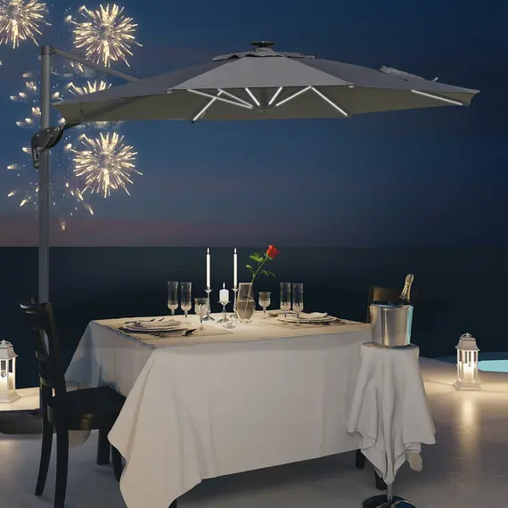 Buy Outsunny 3m Cantilever Roma Parasol Adjustable Garden Sun Umbrella with LED Solar Light Cross Base Rotating Outdoor- Grey