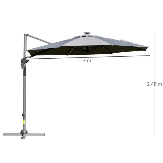 Buy Outsunny 3m Cantilever Roma Parasol Adjustable Garden Sun Umbrella with LED Solar Light Cross Base Rotating Outdoor- Grey, 2 image