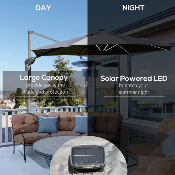 Buy Outsunny 3m Cantilever Roma Parasol Adjustable Garden Sun Umbrella with LED Solar Light Cross Base Rotating Outdoor- Grey, 3 image