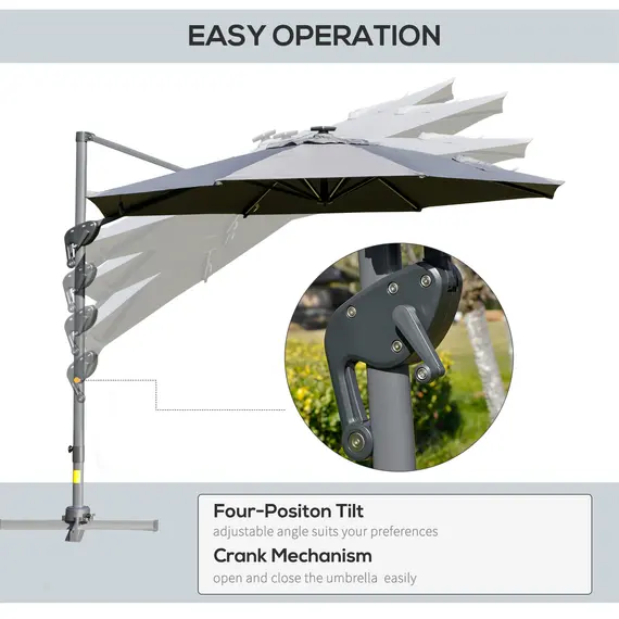 Buy Outsunny 3m Cantilever Roma Parasol Adjustable Garden Sun Umbrella with LED Solar Light Cross Base Rotating Outdoor- Grey, 4 image