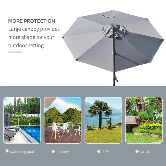 Buy Outsunny 3m Cantilever Roma Parasol Adjustable Garden Sun Umbrella with LED Solar Light Cross Base Rotating Outdoor- Grey, 6 image
