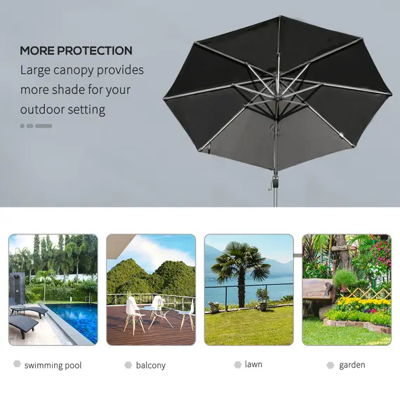 Buy Outsunny 3m Cantilever Roma Parasol Adjustable Garden Sun Umbrella with LED Solar Light, Aluminum Frame, Tilt & Crank, UV50+, Dark Grey, 6 image