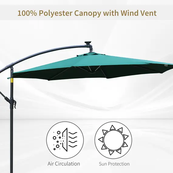 Buy Outsunny 3m LED Cantilever Patio Banana Parasol w/ Crank Cross Base Hanging Offset Umbrella Frame Steel Aluminium Garden Table Outdoor Green, 3 image