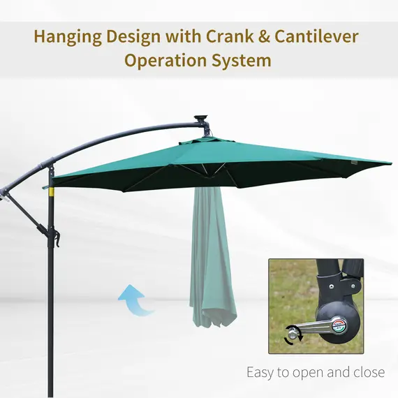 Buy Outsunny 3m LED Cantilever Patio Banana Parasol w/ Crank Cross Base Hanging Offset Umbrella Frame Steel Aluminium Garden Table Outdoor Green, 4 image