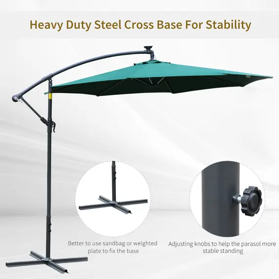 Buy Outsunny 3m LED Cantilever Patio Banana Parasol w/ Crank Cross Base Hanging Offset Umbrella Frame Steel Aluminium Garden Table Outdoor Green, 5 image