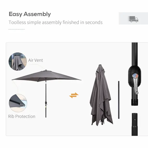 Buy Outsunny 3x2m Patio Umbrella Canopy Parasol Garden Tilt Crank Rectangular Sun Shade Steel Dark Grey, 6 image
