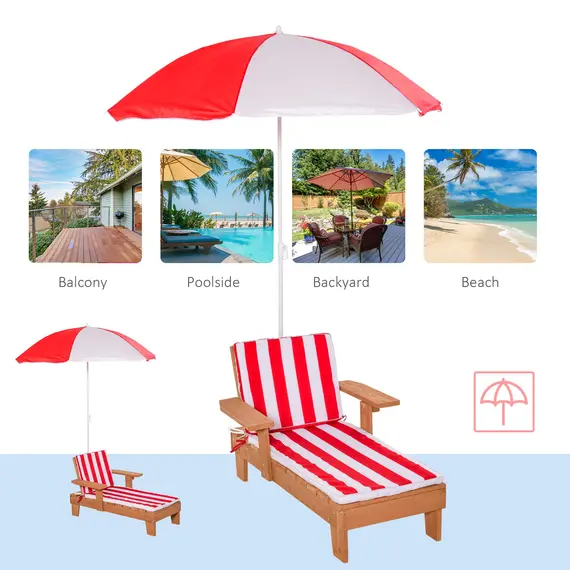 Buy Outsunny Chaise Lounge Chair Wooden for Kids Lightweight with Foldable & Height Adjustable Parasol Cushion Outdoor Patio Beach Pool Camping Ceder Wood, 3 image